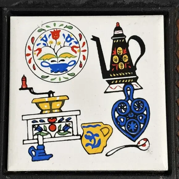 Vintage Ceramic Tile Cast Iron Trivet Folk Art Tulips Coffee Chadwick Japan - Picture 2 of 7